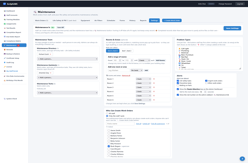 ScriptLMS Maintenance Settings tab with the on/off switch at the top and side-by-side boxes for the maintenance team, rooms and areas, who can create work orders, problem types and alerts